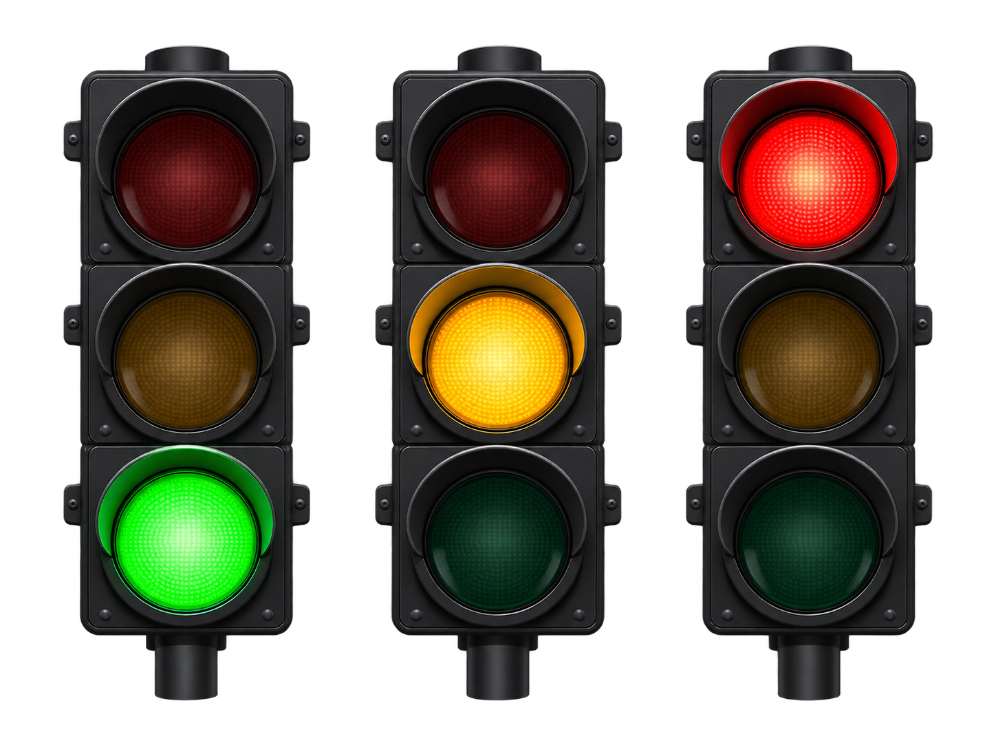 Traffic lights showing green, amber and red signals