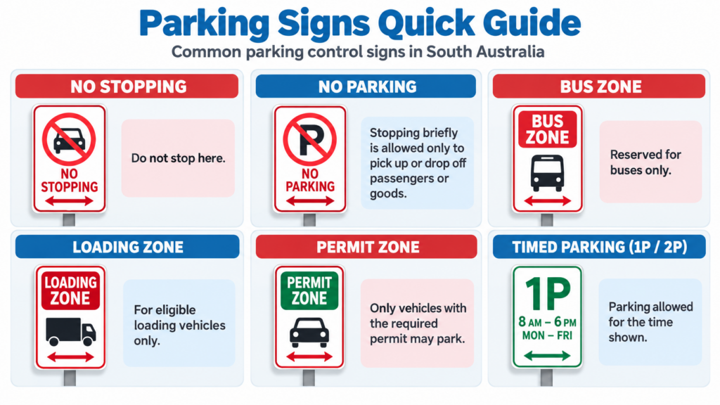 South Australian parking signs quick guide showing No Stopping, No Parking, Bus Zone, Loading Zone, Permit Zone and timed parking signs