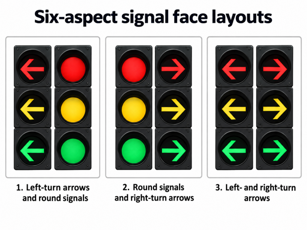 Diagram showing three six-aspect traffic signal face layouts for turn arrows and round signals