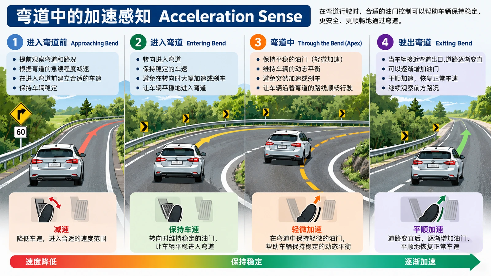 弯道驾驶加速感知示意图，展示进入弯道前减速、弯道中稳定油门及驶出弯道后平顺加速